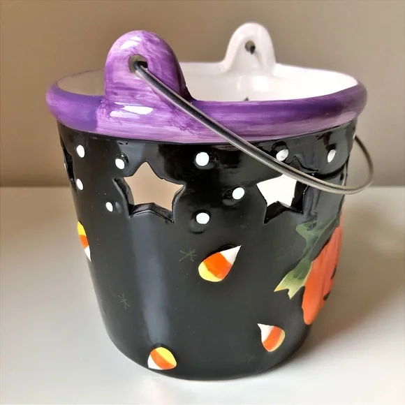 Ceramic Halloween Bucket Candle or Candy Holder Handle Open Stars Hand Painted - Picture 9 of 10